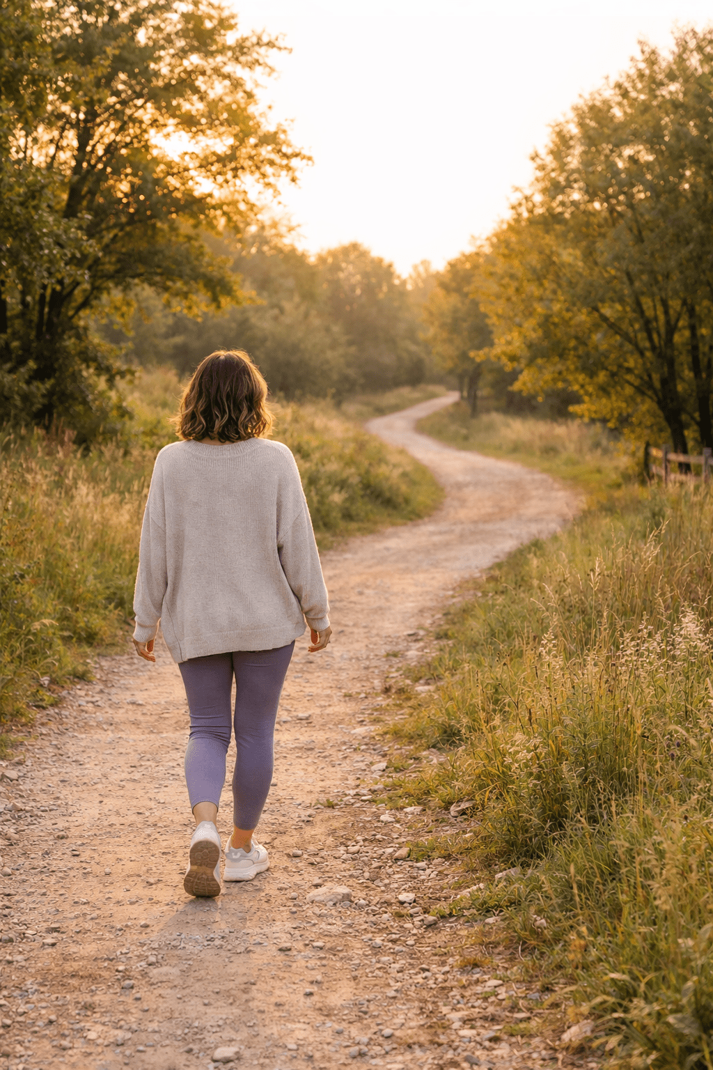 Woman walking along a curved nature path representing healing that is not linear
