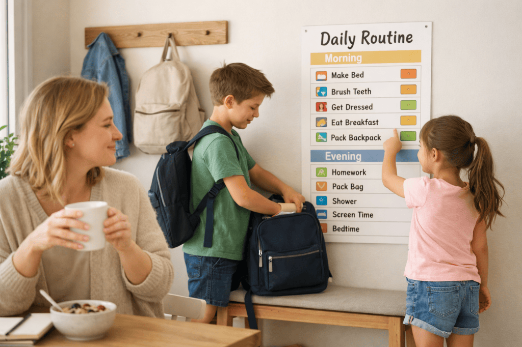 Tired of nagging your kids every morning? Discover how a simple daily routine schedule helped reduce chaos, build independence, and create calmer mornings and evenings for the whole family.